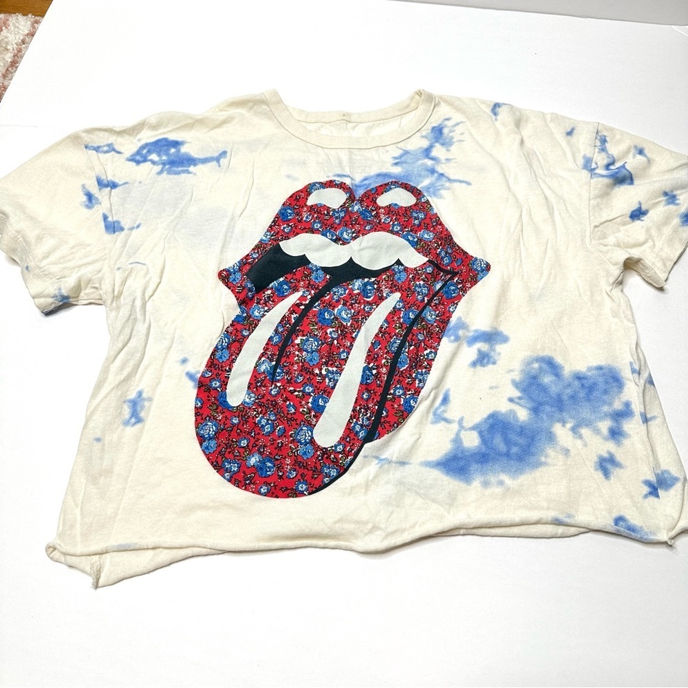 Rolling Stones Floral Tie Dye Crop Tongue Band Tee T Shirt Woman’s
